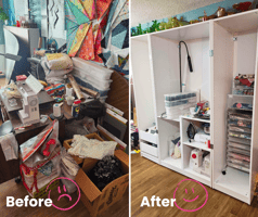 Before and after of a Dreambox dupe build - before image shows craft supplies strewn over the floor. The after image reflects a perfectly built organization craft system.