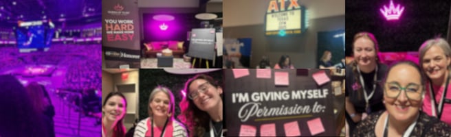 Queen of To Do at Texas Conference for Women 2025 — event booth, keynote arena, and team connecting with attendees about home support, delegation, and women’s mental load.