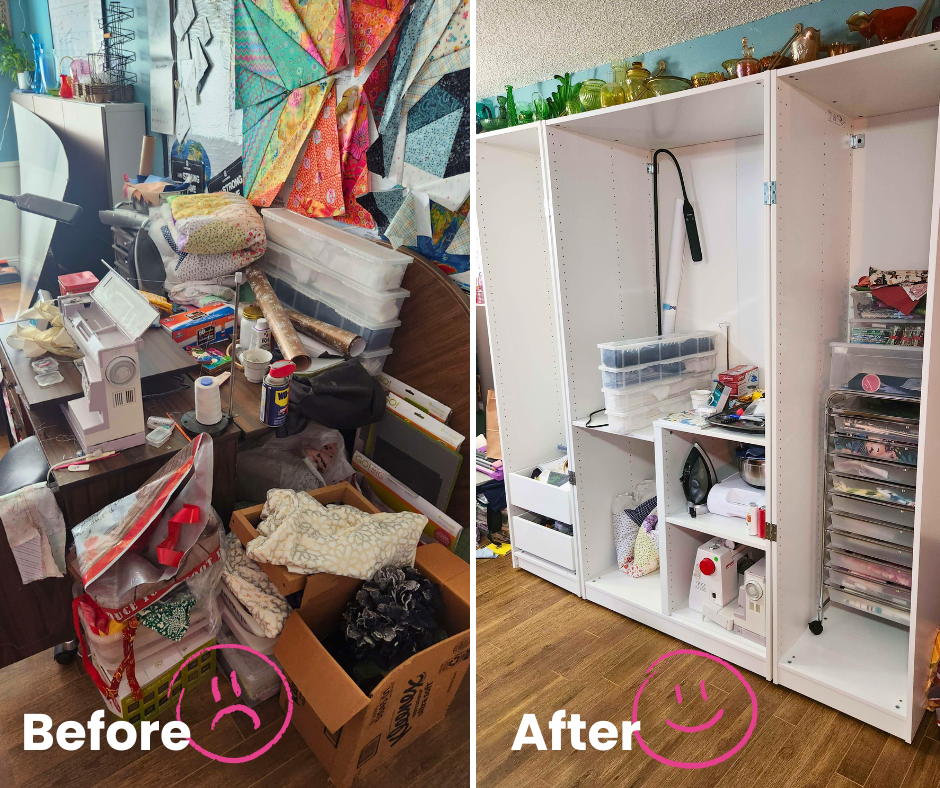 Before and after of a Dreambox dupe build - before image shows craft supplies strewn over the floor. The after image reflects a perfectly built organization craft system.